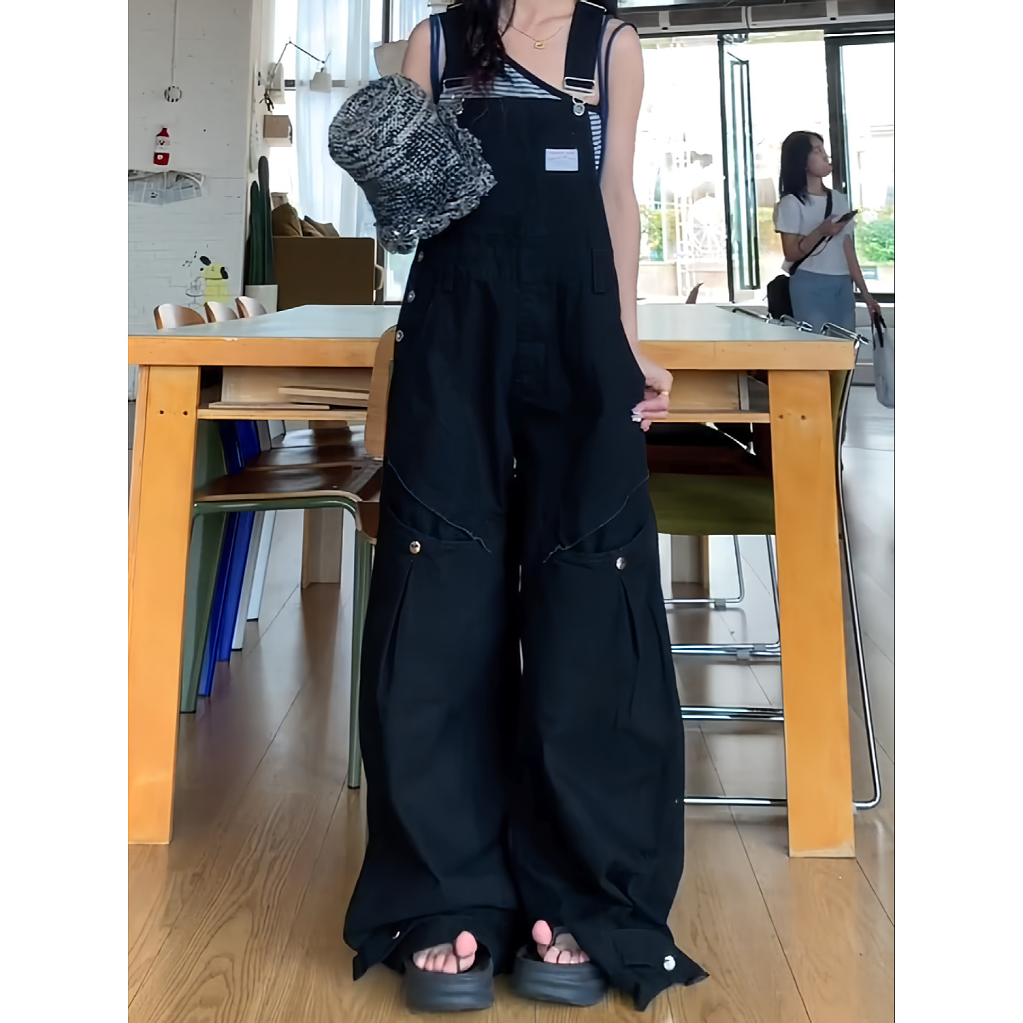 大码美式复古水洗大口袋工装背带裤男女街头宽松慵懒休闲阔腿长裤