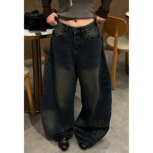 大码复古做旧豹纹阔腿牛仔裤女
