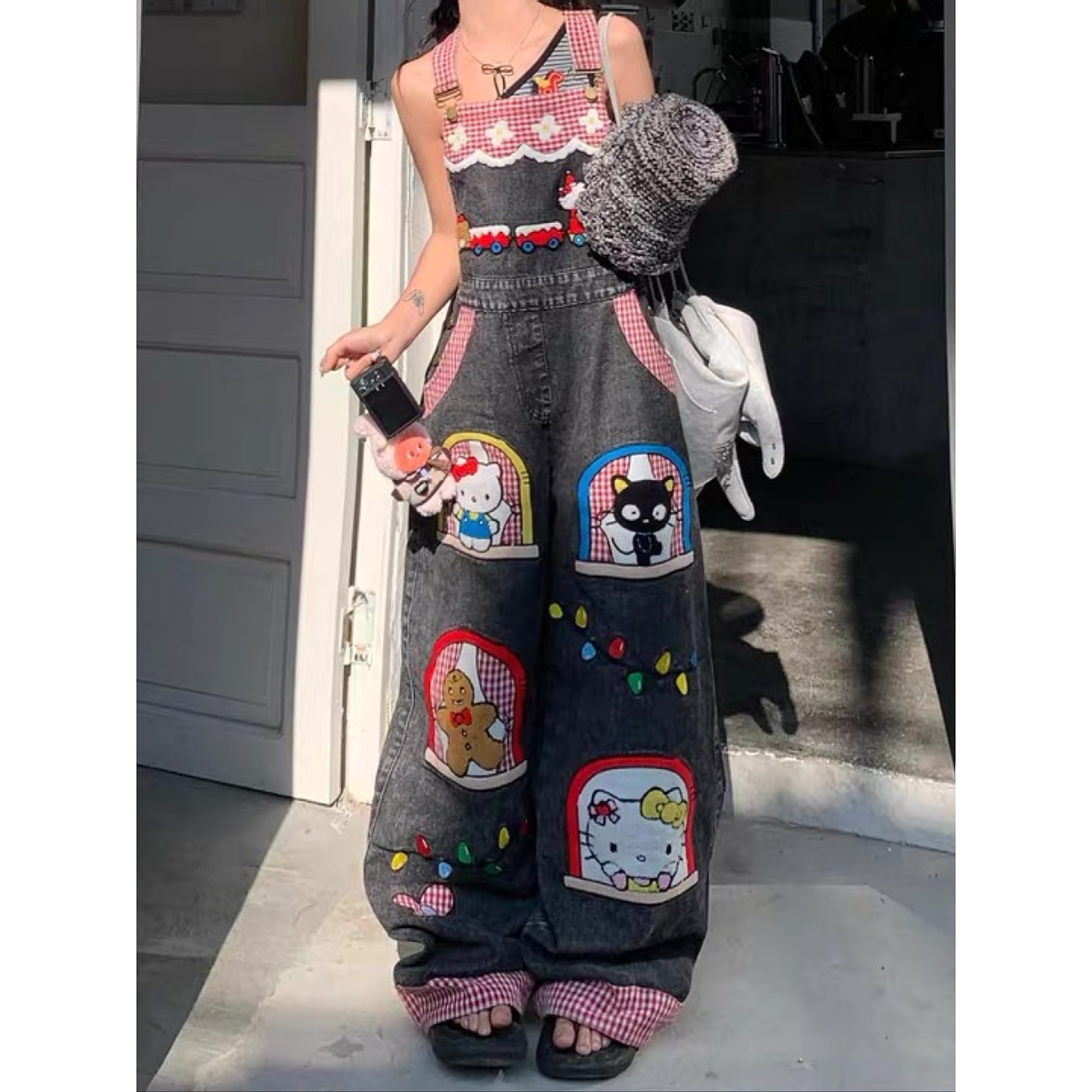 大码美式复古卡通猫咪刺绣牛仔背带裤男女高街宽松直筒阔腿长裤潮