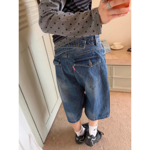 男女高街设计感宽松阔腿中裤 复古竹节纹巴黎扣牛仔七分裤 美式 大码