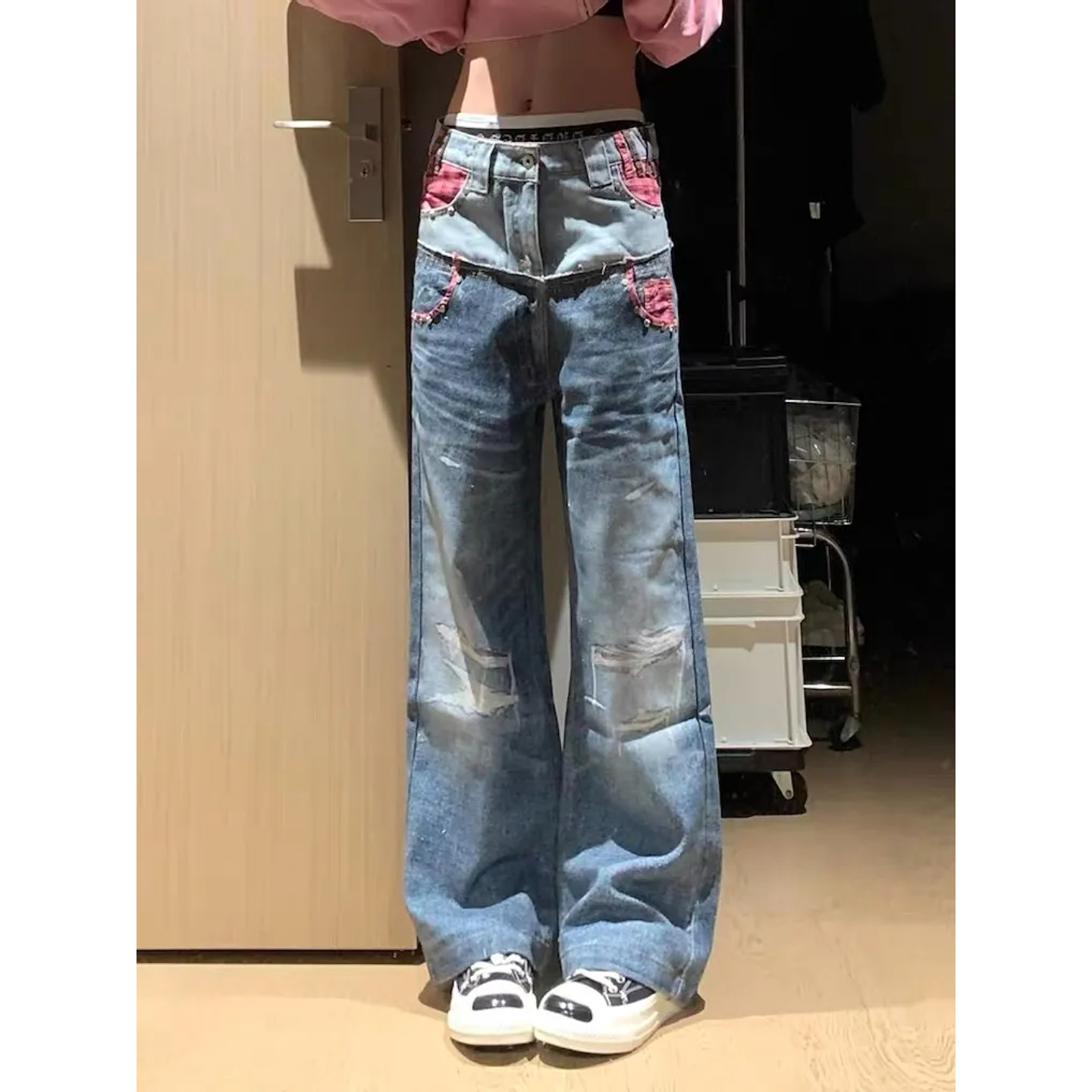 大码美式复古破洞撞色拼接牛仔裤女秋季新款高街风宽松阔腿长裤潮