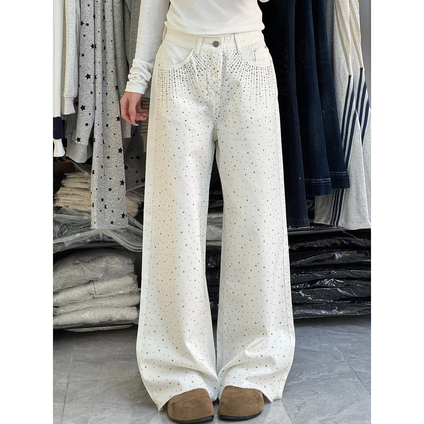 大码美式复古满天星烫钻拼接牛仔裤女辣妹设计感宽松直筒拖地长裤,女装/女士精品,大码裤装,淘宝优惠券,粉丝福利购,淘宝优惠卷