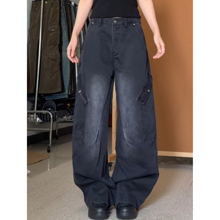 男女高街vibe宽松弯刀阔腿长裤 大码 牛仔裤 复古做旧大口袋工装 美式