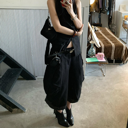 大码美式复古牛仔七分阔腿裤女