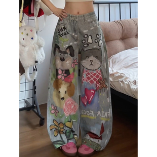 男女街头宽松直筒阔腿长裤 复古趣味猫狗手绘涂鸦牛仔裤 潮 美式 大码