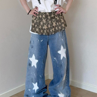 男女2025夏街头宽松显瘦阔腿长裤 复古星星印花泼墨牛仔裤 美式 大码