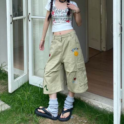 大码美式工装多口袋七分裤女