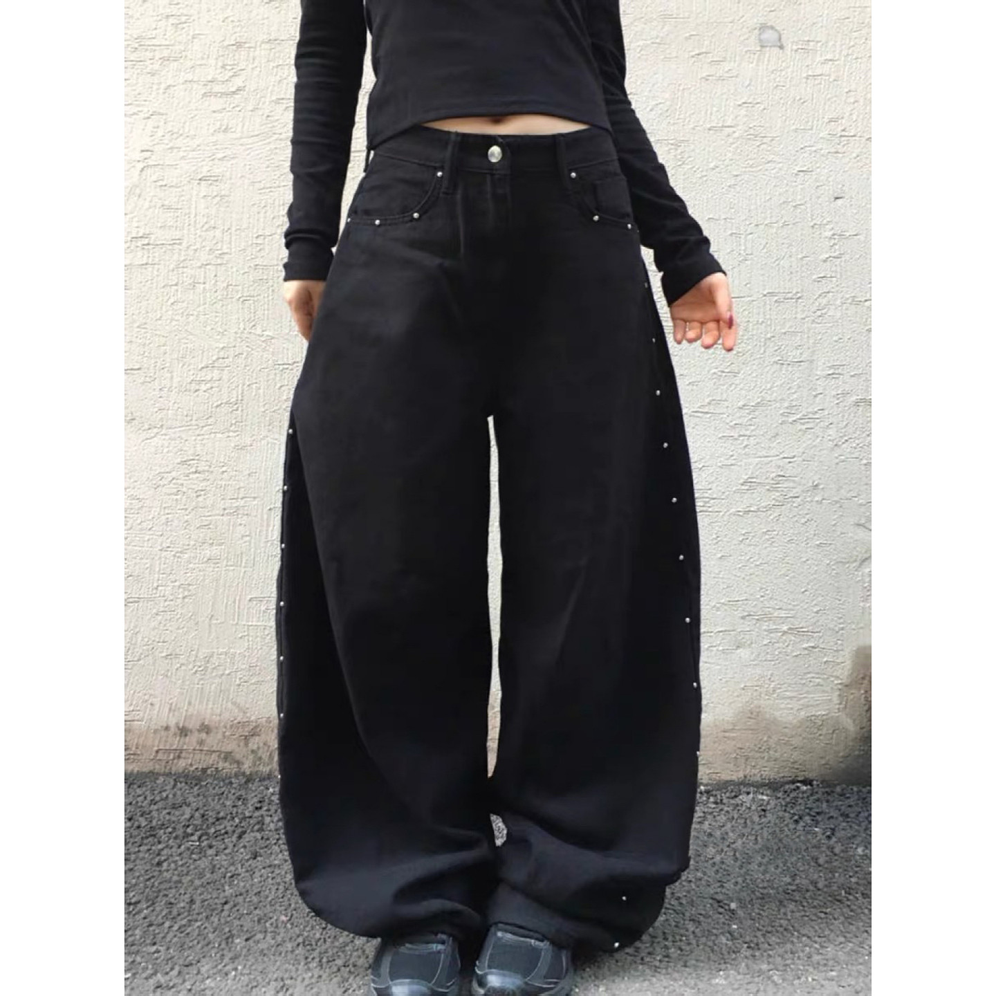 大码美式复古侧面铆钉装饰牛仔裤男女设计感宽松廓形休闲阔腿长裤,女装/女士精品,大码裤装,淘宝优惠券,粉丝福利购,淘宝优惠卷
