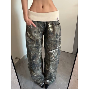 女宽松直筒显瘦长裤 复古辣妹迷彩翻边螺纹拼接腰头牛仔裤 美式 大码