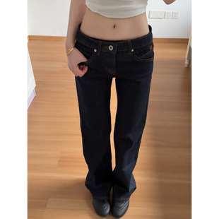 辣妹设计感直筒显瘦坠感长裤 大码 女夏季 复古深蓝色低腰牛仔裤 美式