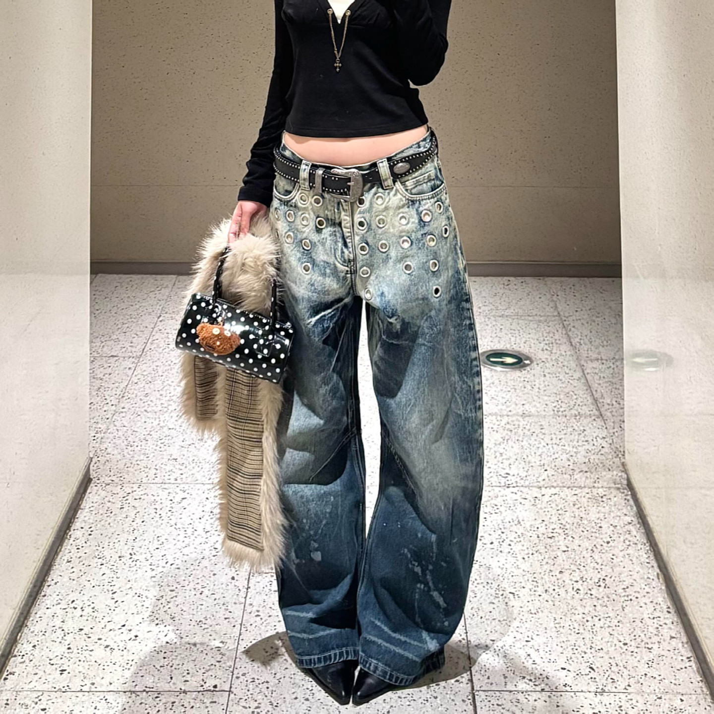 欧美式vibe复古水洗扎染阔腿牛仔裤男女高街设计感金属圈弯刀长裤,女装/女士精品,大码裤装,淘宝优惠券,粉丝福利购,淘宝优惠卷