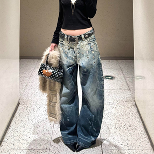 欧美式vibe复古水洗扎染阔腿牛仔裤男女高街设计感金属圈弯刀长裤