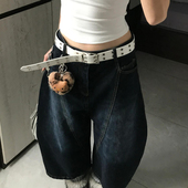 宽松直筒百搭中裤 大码 女夏季 新款 美式 复古字母刺绣弯刀牛仔七分裤