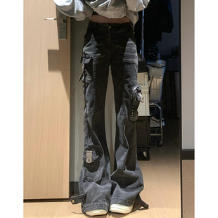 美式 朋克辣妹直筒微喇长裤 复古重工水洗口袋工装 女秋季 牛仔裤 大码