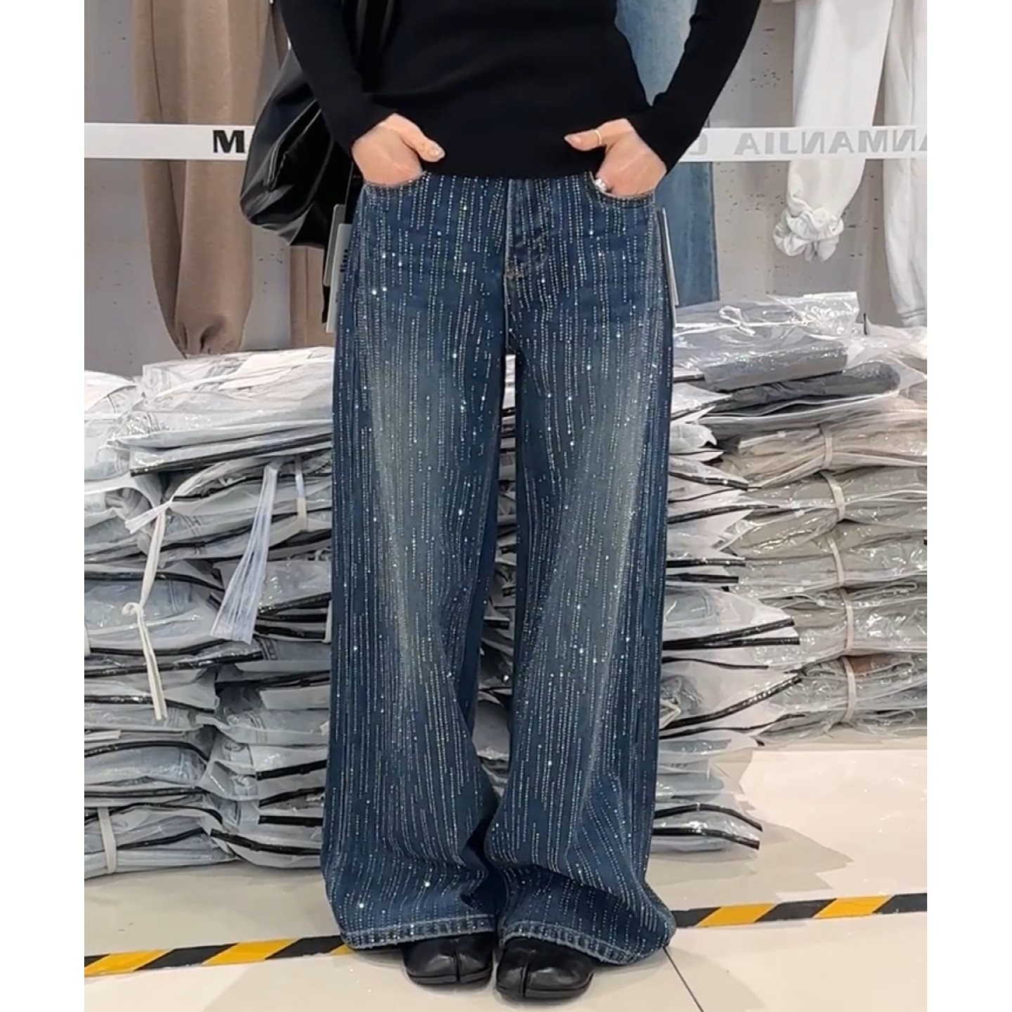 大码美式复古重工烫钻满天星牛仔裤女春季新款宽松百搭直筒阔腿裤,女装/女士精品,大码裤装,淘宝优惠券,粉丝福利购,淘宝优惠卷