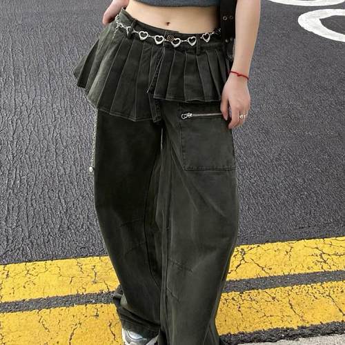 大码美式复古百褶裙边假两件长裤