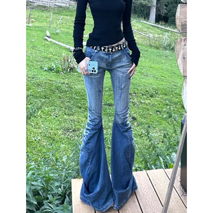 显瘦微喇叭长裤 美式 女街头辣妹修身 复古水洗压褶设计感牛仔裤 大码