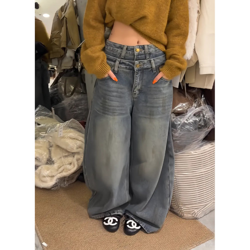 大码美式复古做旧阔腿牛仔裤女