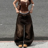 美式 男女街头宽松百搭阔腿解构弯刀长裤 大码 复古水洗闪电纹牛仔裤