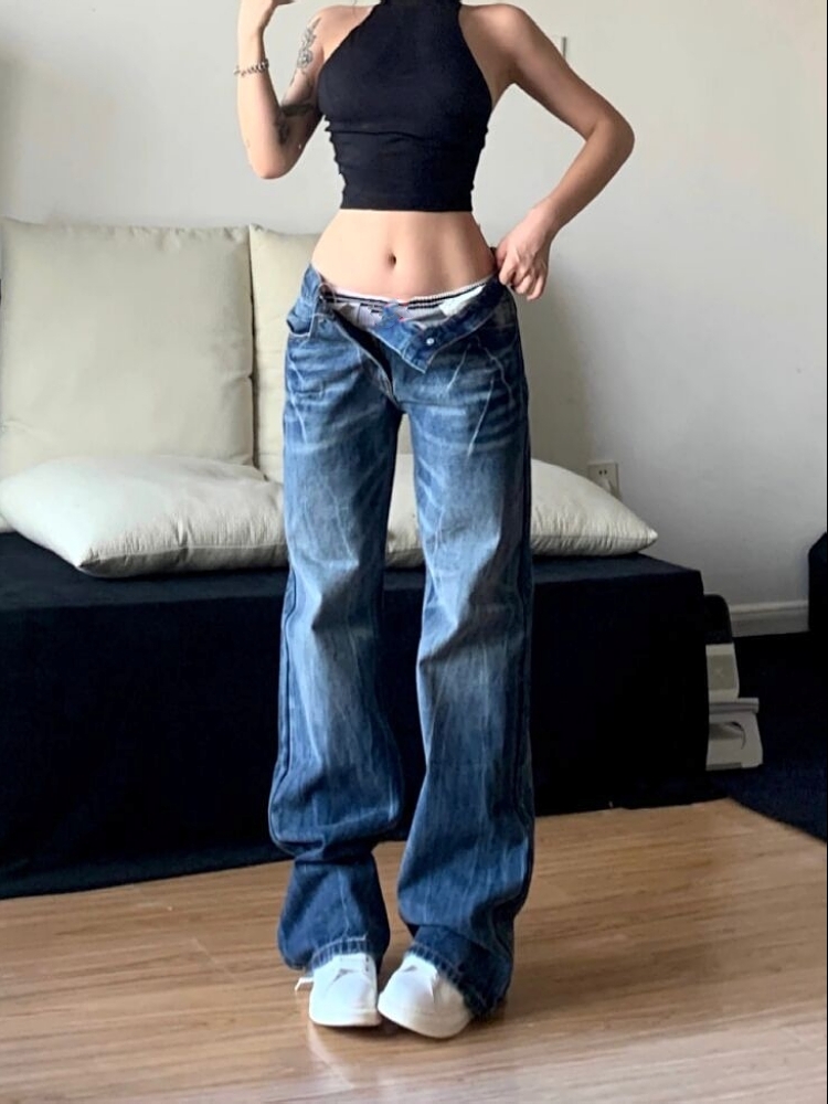 大码美式vibe街头复古牛仔裤女2023年新款高个子百搭直筒拖地长裤