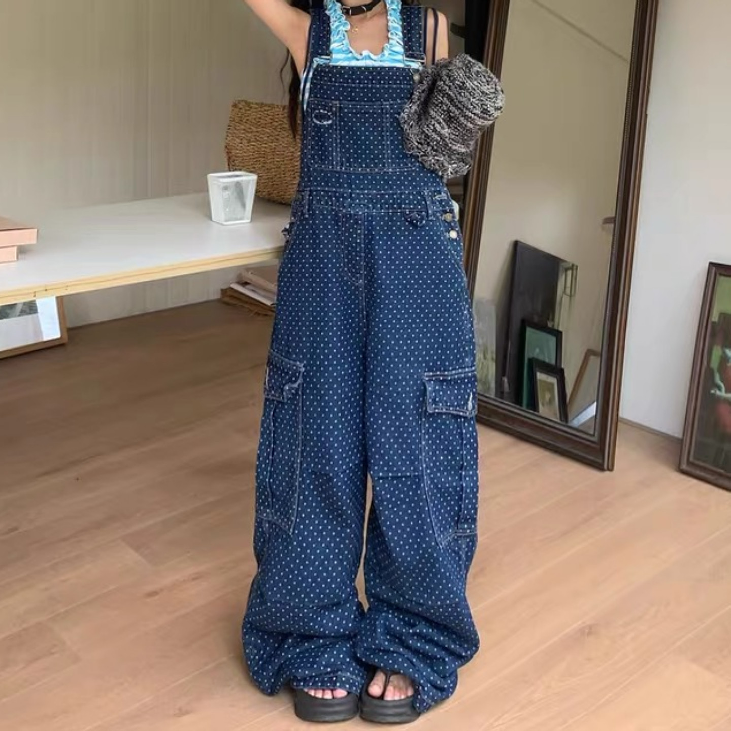 大码美式复古设计感波点工装牛仔背带裤女高街宽松直筒阔腿拖地裤