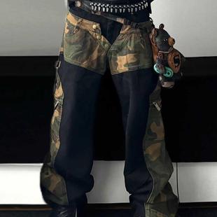 男女高街潮牌宽松直筒阔腿长裤 大码 裤 街头迷彩拼接牛仔工装 潮 美式