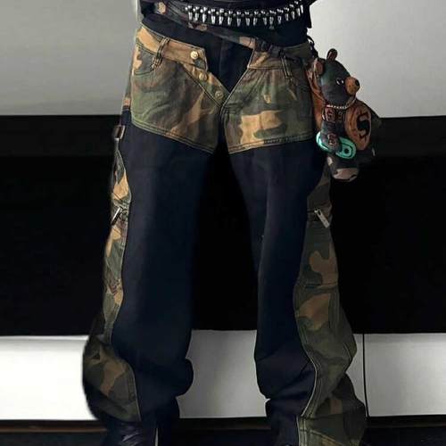 大码美式街头迷彩拼接牛仔裤秋冬