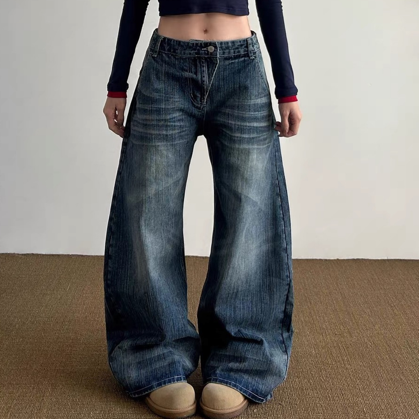 大码美式复古竹节纹设计感阔腿牛仔裤男女宽松直筒显瘦猫须弯刀裤,女装/女士精品,大码裤装,淘宝优惠券,粉丝福利购,淘宝优惠卷