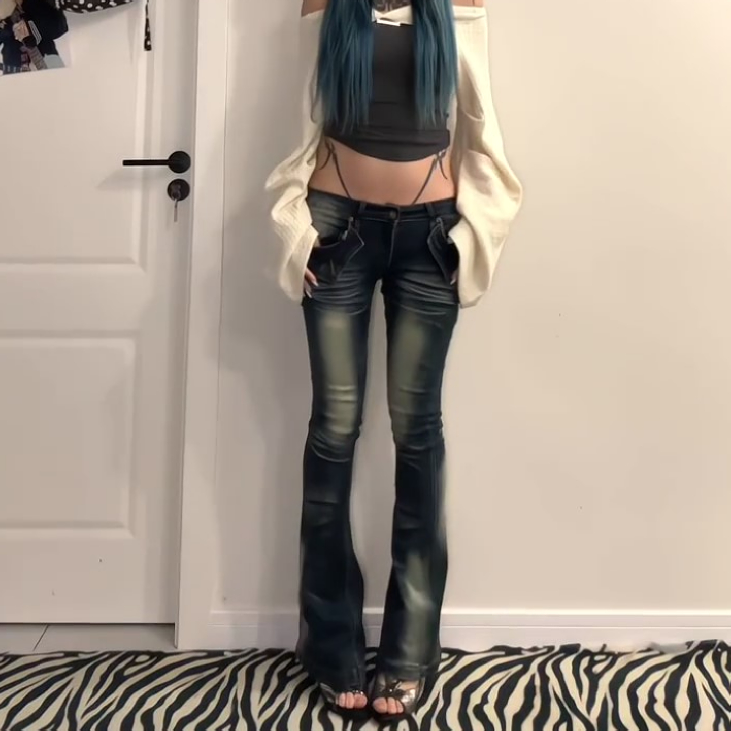 大码美式复古微喇牛仔裤