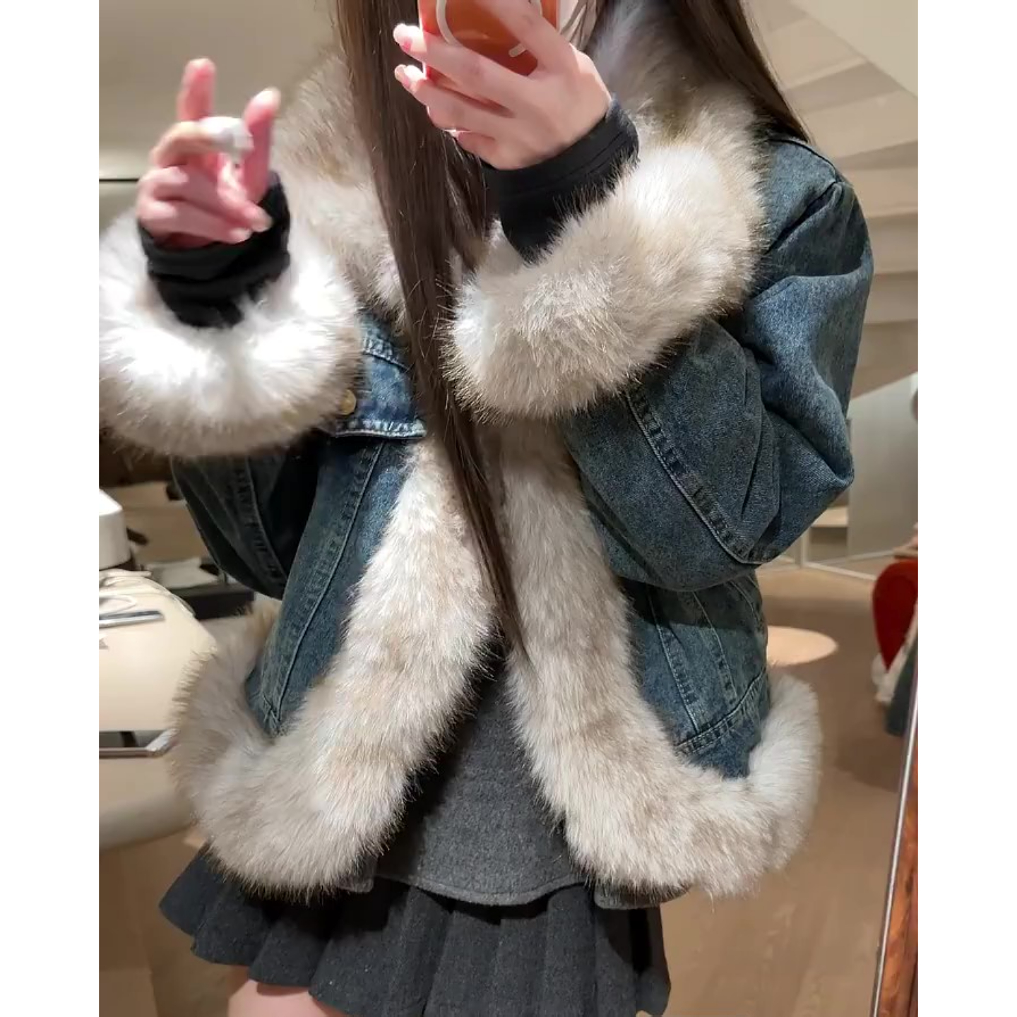 大码美式高级感牛仔拼接棉服