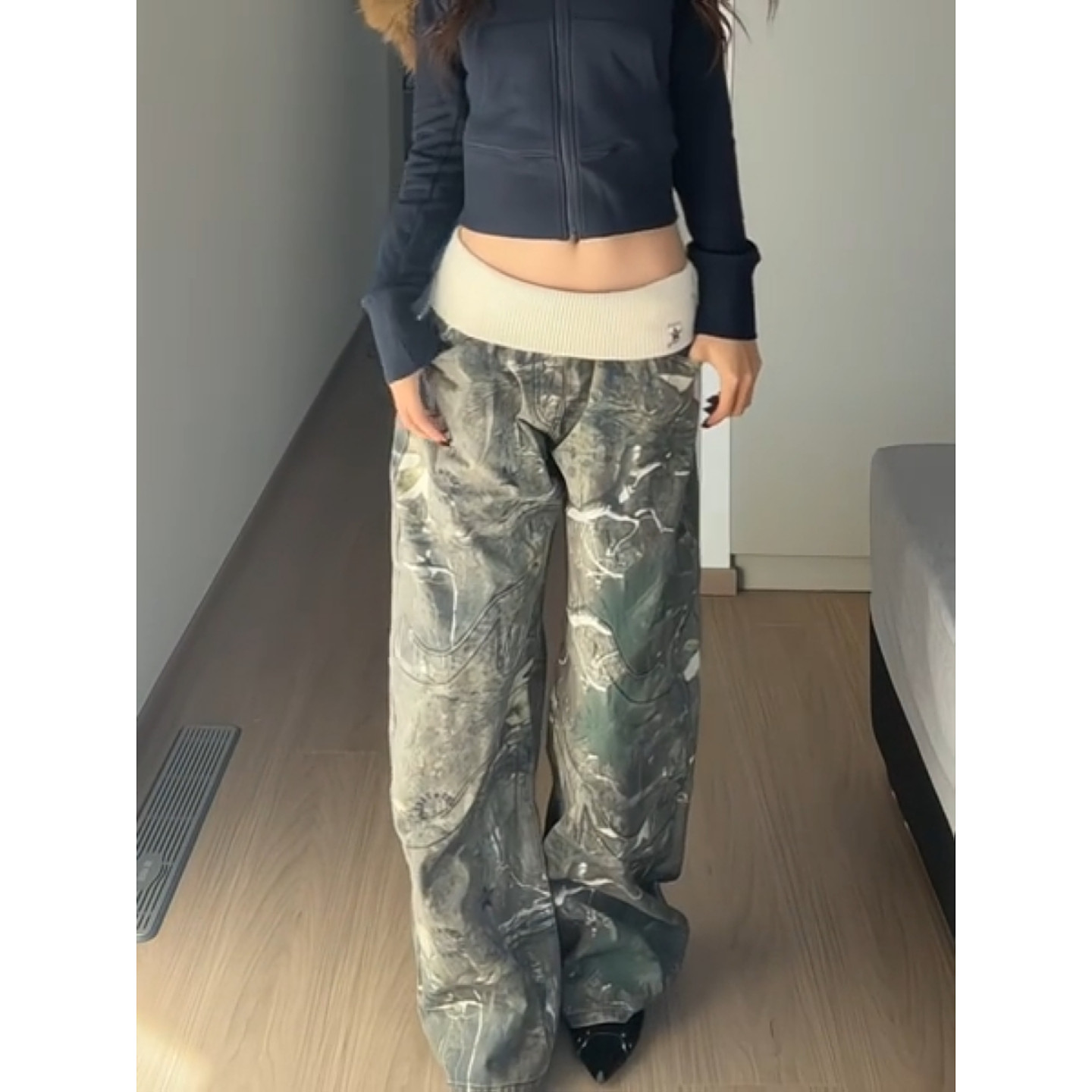 大码美式复古螺纹腰头树叶迷彩牛仔裤男女潮牌宽松百搭阔腿直筒裤,女装/女士精品,大码裤装,淘宝优惠券,粉丝福利购,淘宝优惠卷