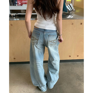 女胖mm宽松显瘦弯刀休闲拖地裤 复古高腰刺绣阔腿牛仔裤 子 美式 大码