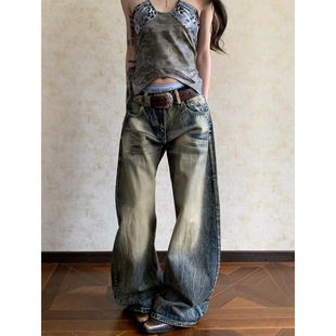 大码美式vibe重工水洗黄染弯刀牛仔裤男女cleanfit宽松百搭堆积裤