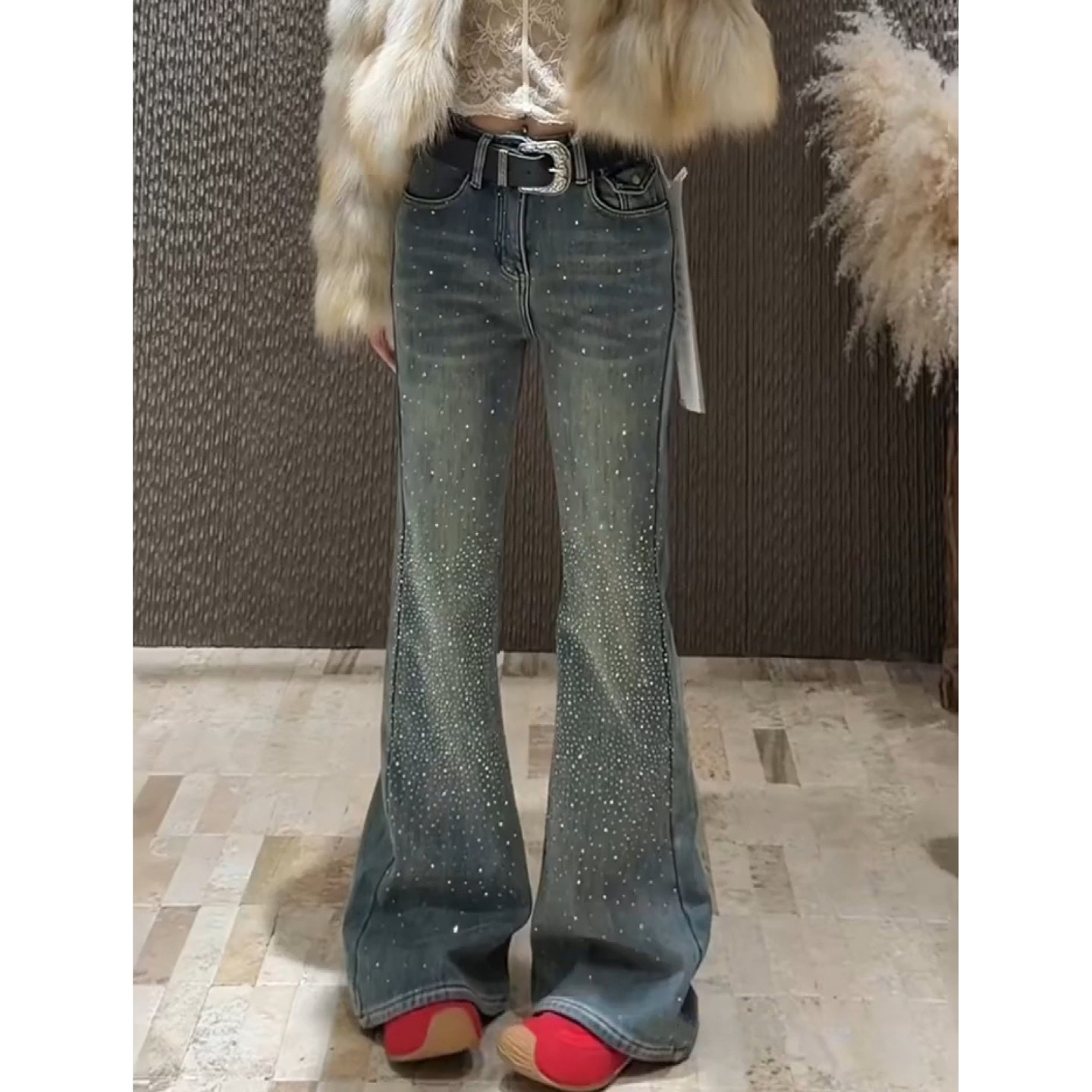大码美式复古辣妹满天星烫钻牛仔裤女秋冬新款修身显瘦微喇拖地裤,女装/女士精品,大码裤装,淘宝优惠券,粉丝福利购,淘宝优惠卷