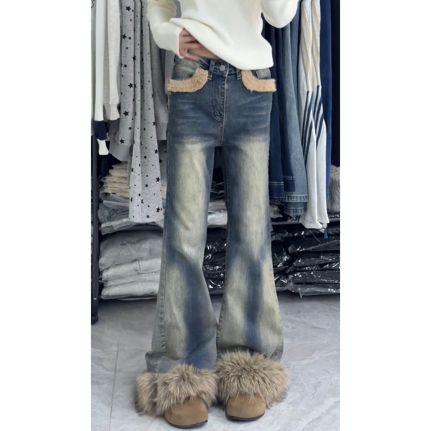 美式vibe水洗复古毛绒拼接牛仔裤