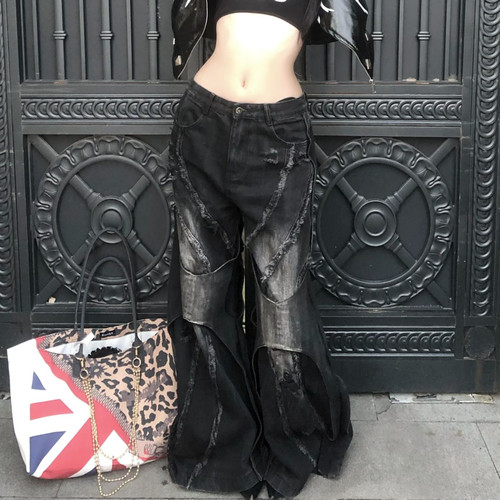 大码美式重工解构拼接牛仔裤