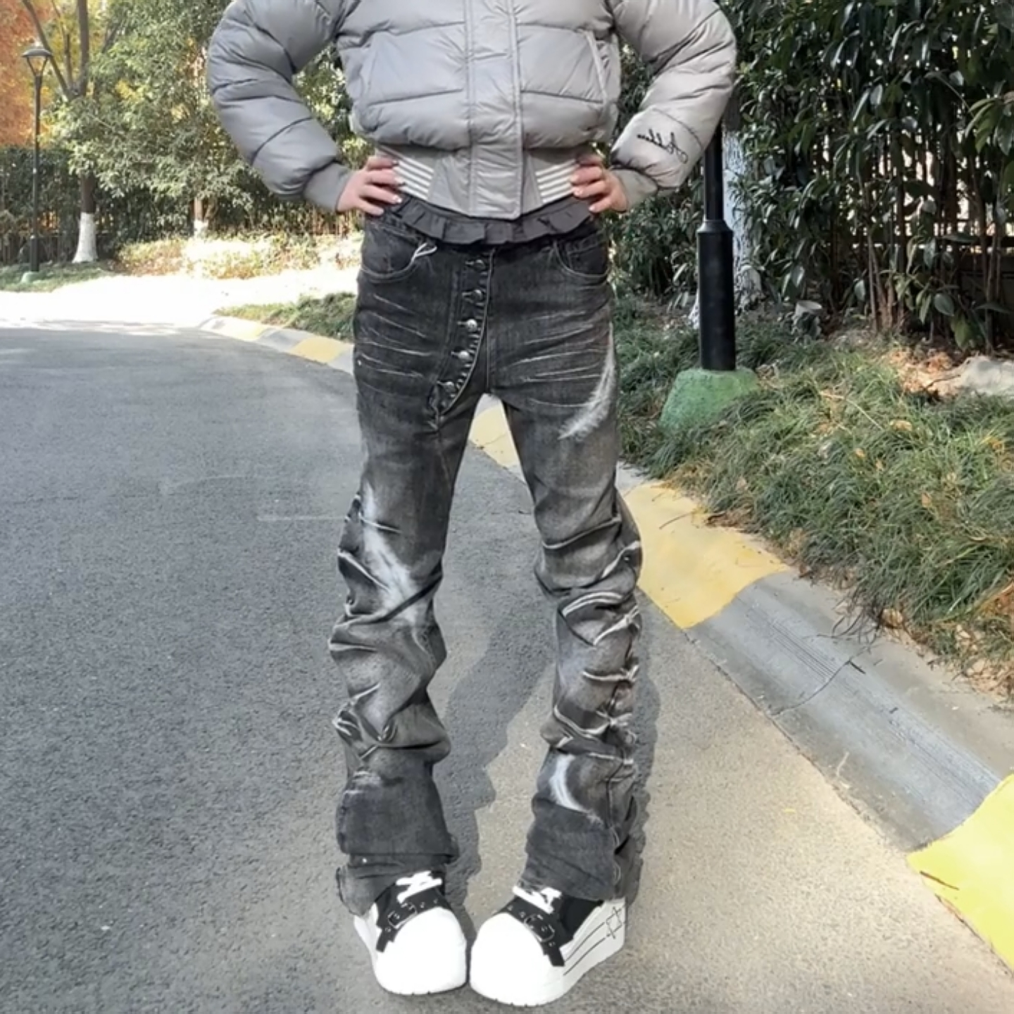 无注册商标美式复古水洗排扣裤