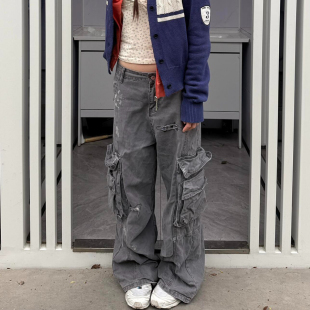 男女街头宽松阔腿长裤 大码 牛仔裤 复古水洗泼墨破洞补丁工装 潮 美式