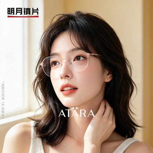 明月阿塔那无边框眼镜女圆框钛合金超轻切边气质高级感素颜A91012