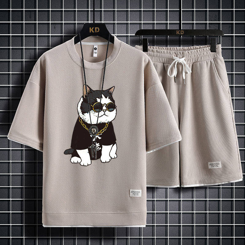 印花t恤男士夏季潮牌宽松短袖短裤篮球服一套华夫格运动套装