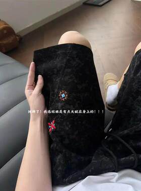 黑色斜切运动健身短裤男款夏季美式扎染刺绣裤子直筒休闲四五分裤