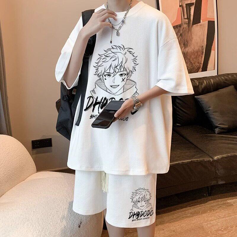 休闲运动套装男士夏季短袖短裤华夫格印花男装青少年帅气学生衣服