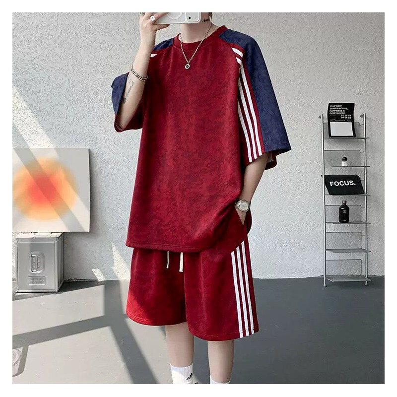 潮牌大尺码三杠拼色运动套装男夏季帅气一套衣服搭配短袖短裤两件