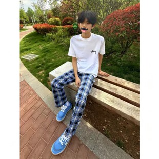 夏季美式高街阔腿裤子男士蓝色弯刀格子裤男女潮流直筒运动休闲裤
