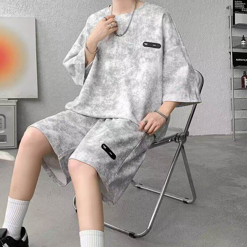 扎染休闲运动套装男夏季潮牌大尺码穿搭一套衣服搭配短袖短裤两件