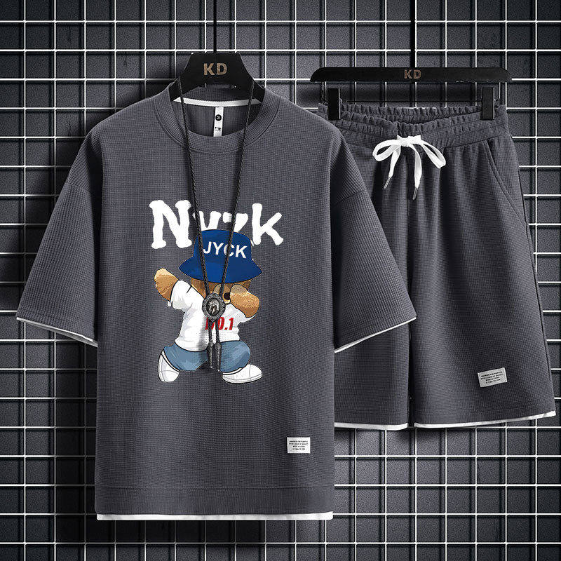 华夫格休闲套装男夏季短袖t恤男装一套搭配帅气潮牌大码运动衣服