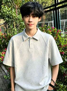 白花灰美式翻领短袖Polo