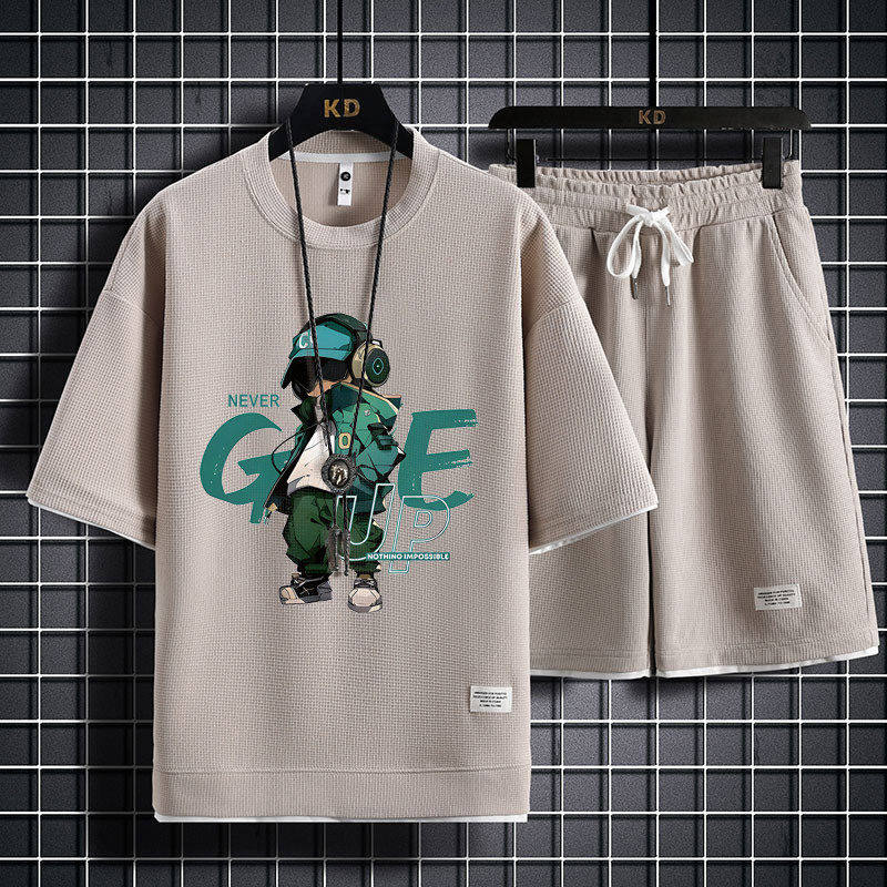 男生短袖T恤夏季薄款潮牌华夫格休闲运动衣服短裤套装宽松半袖