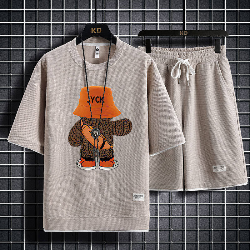 华夫格休闲运动服套装男夏季港风潮牌短袖短裤两件套青少年大码