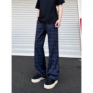 蓝色格子裤男女夏季薄款美式复古腰头拼接格纹松紧腰运动阔腿裤子